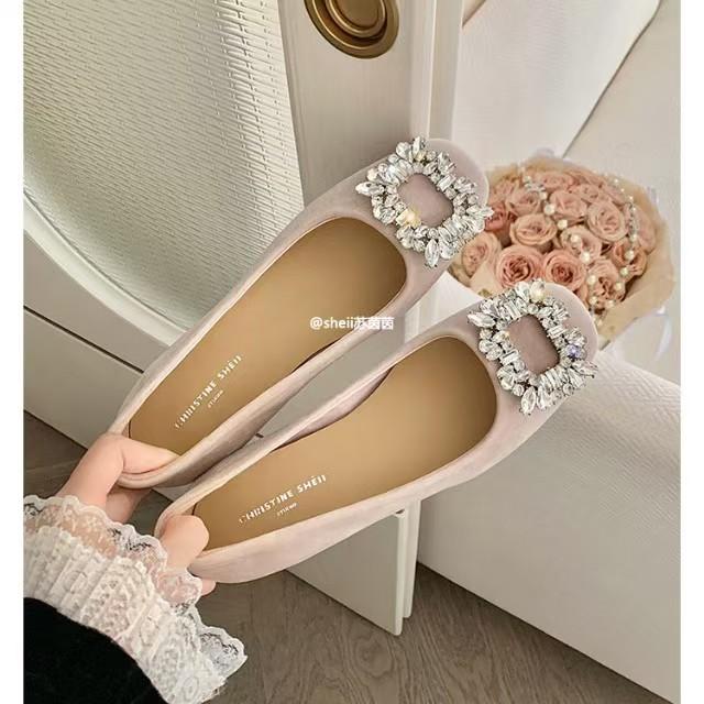 Cowhide Version~ Square Head Rhinestone Single Shoes Women's Shallow Mouth Square Head Flat Bottom Dinner Commute