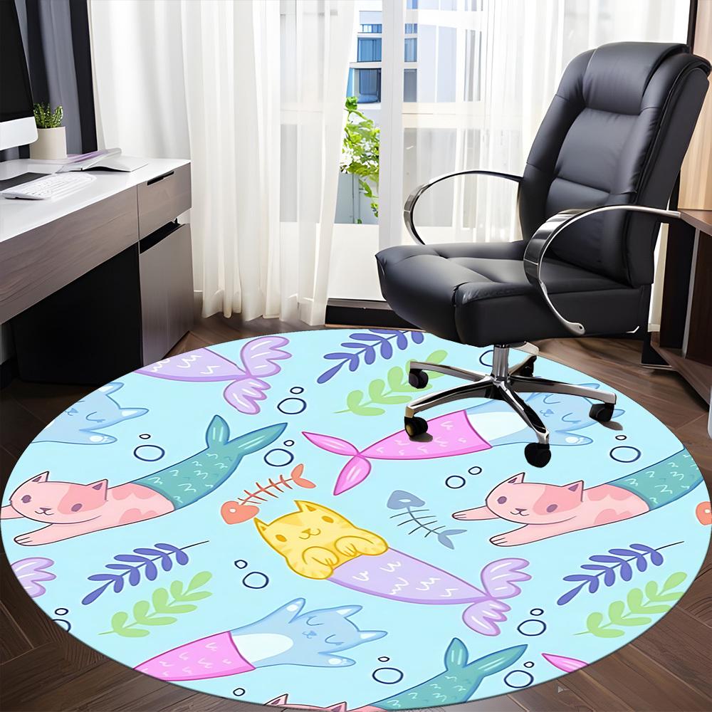 1pc Mermaid Cats Office Round Rug, Non-slip, Soft and Durable Office Rug for Interior Decoration, Perfect for Office, Beautiful Decoration yy260324009