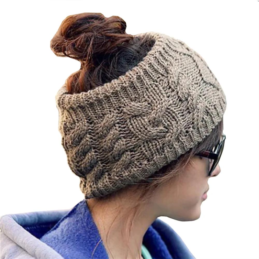 Women Solid Color Knit Topless Wool Hat Warm Winter Skullies Beanies Snow Cap