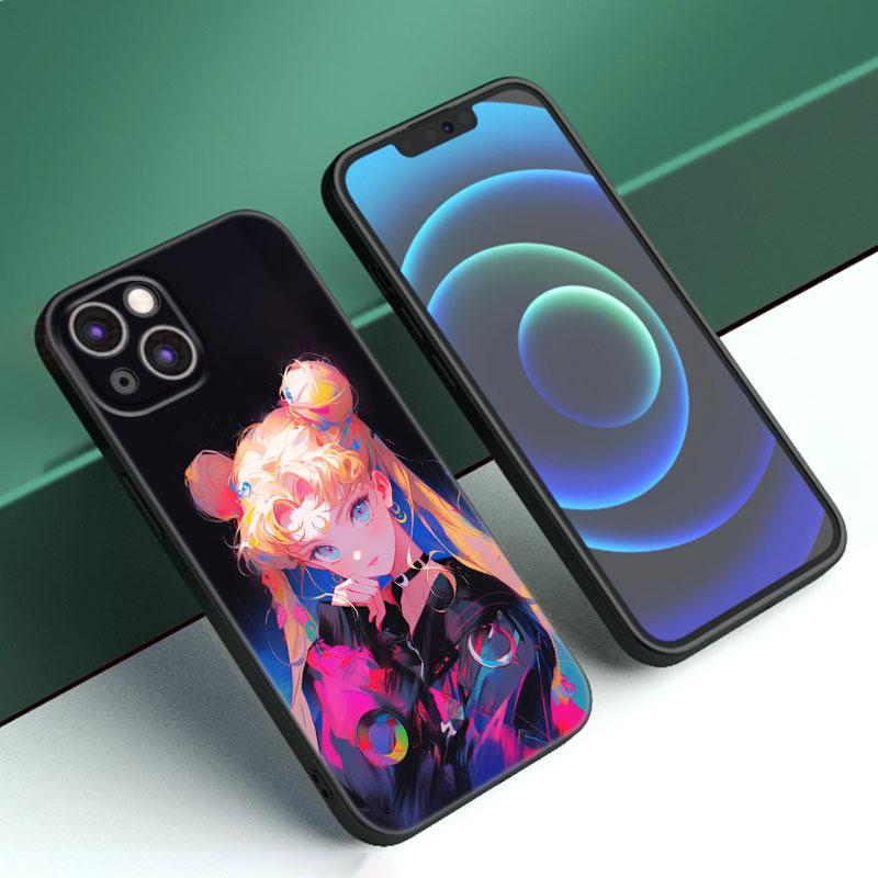 Japan Cartoon Sailor Moom Black Silicone Phone Case For Apple iPhone 12 13 Mini 11 14 15 Pro Max 7 8 Plus X XR XS SE 2020 2022