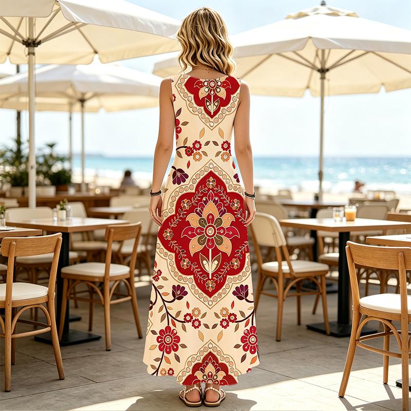 Women's Sleeveless Long Dress,Vintage Floral Design,Lightweight Loose Fit,Fashion Elegant Style for Casual Daily Wear