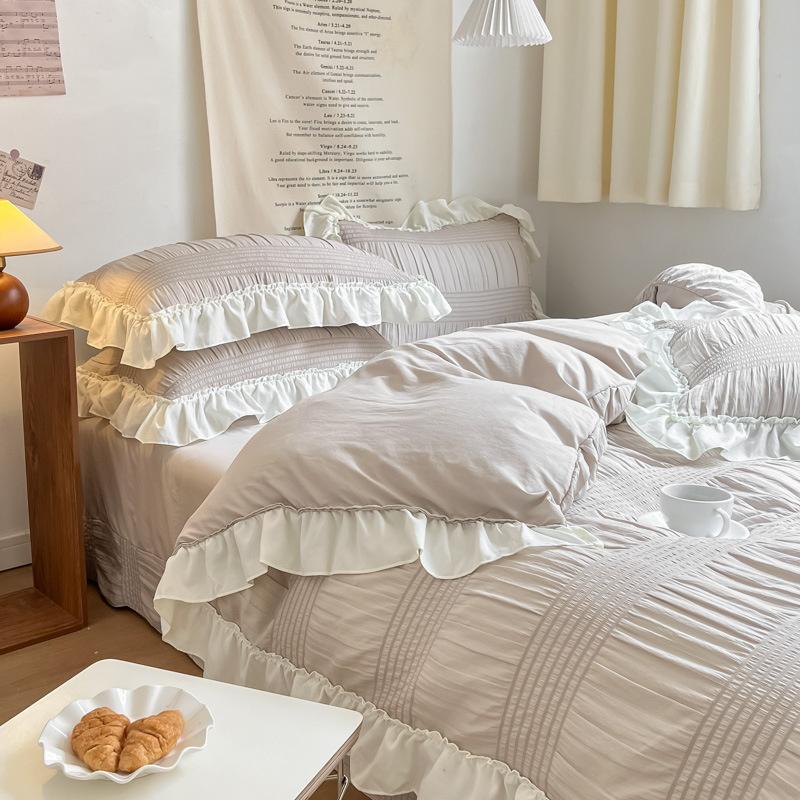 Set Biancheria da Letto in Pizzo Seersucker Stile Ins Cotone Lavato Coreano Copripiumino 4 Pezzi Copripiumino Colore Unito per Decorazione Casa Ragazza