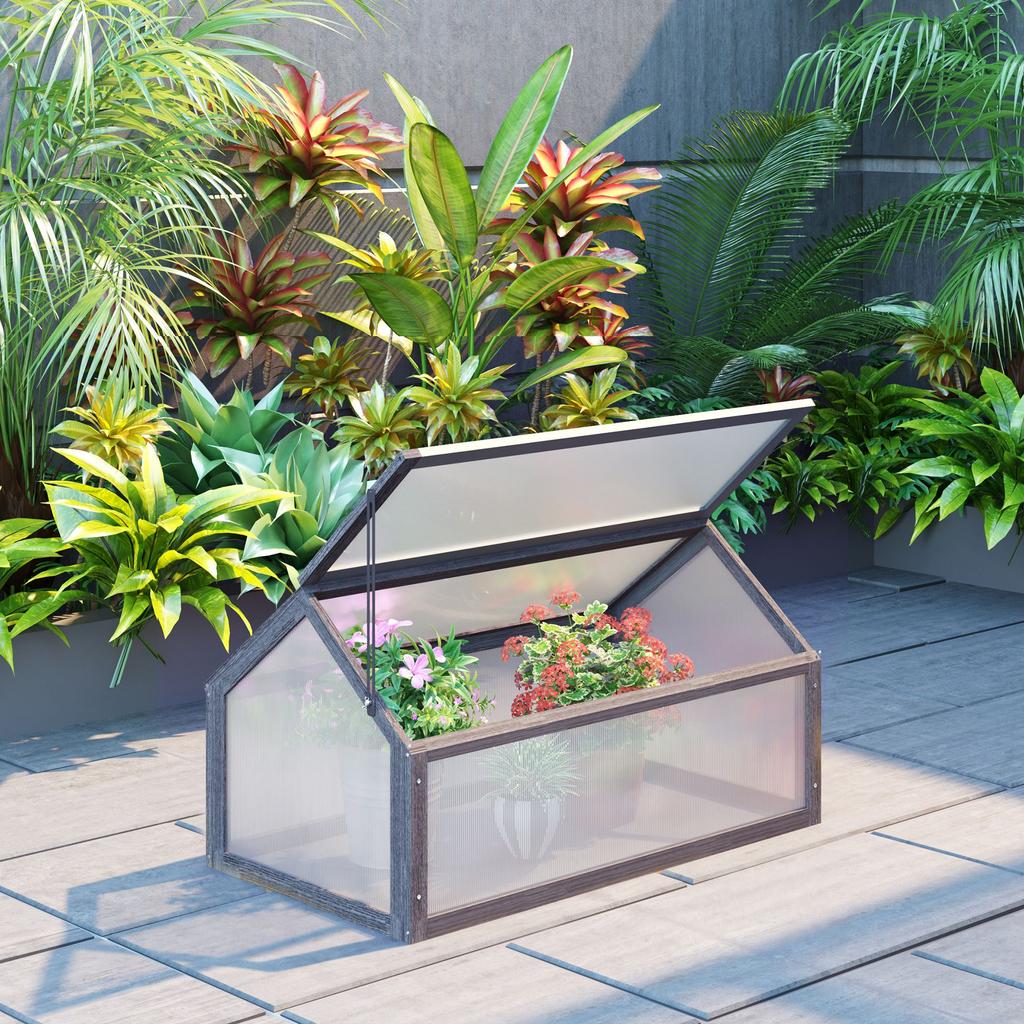 Wooden Cold Frame Garden Polycarbonate Greenhouse with Openable Top Cover, Grow House for Flowers, Vegetables, Plants, 90 X 52 X 50cm, Grey