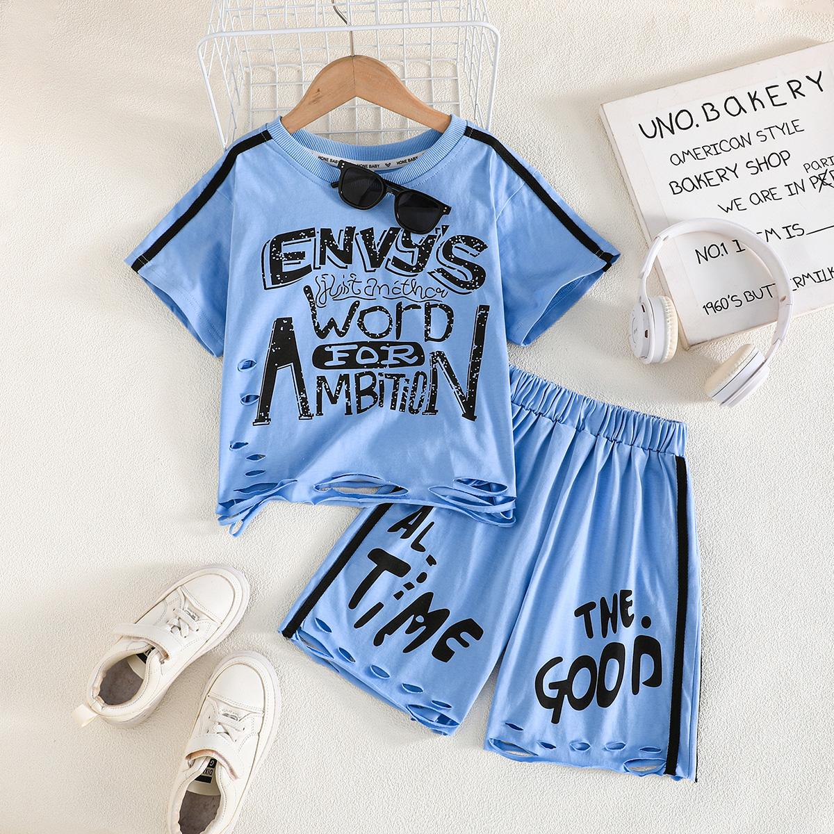 

Boys Letter Print Short Sleeve T-Shirt & Shorts 2Pcs Outfit 100 каролина синий
