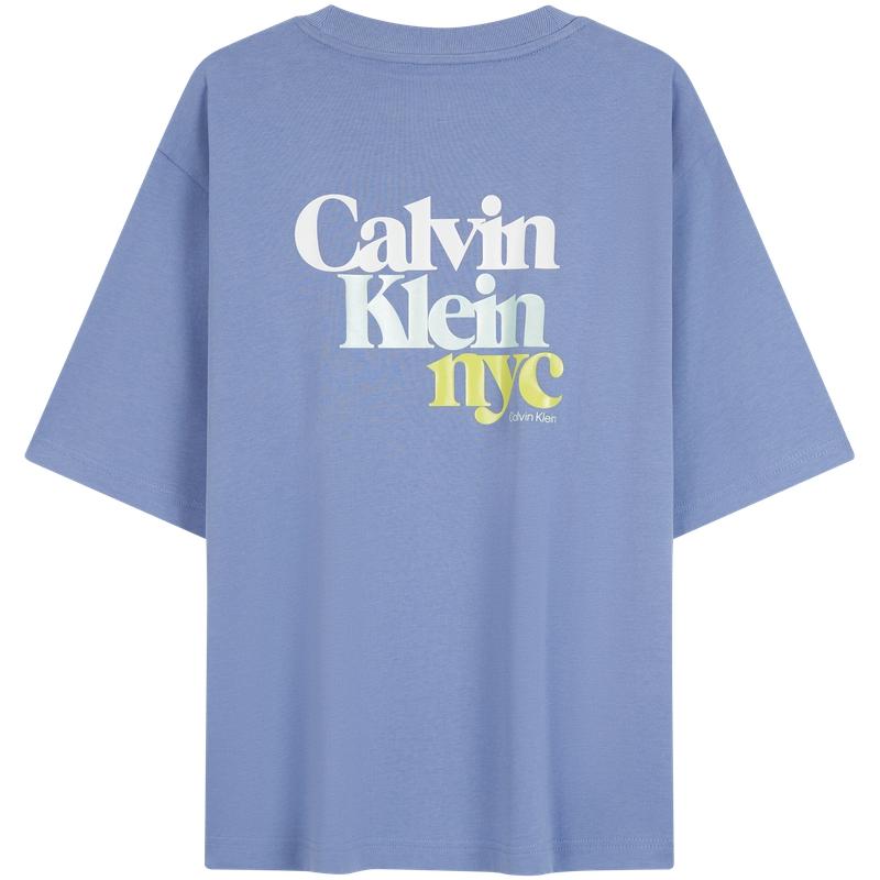 Calvin Klein Trendy Colorful Letter Loose Cotton Short Sleeve T-Shirt Women Tops Nile-Blue 47AB813