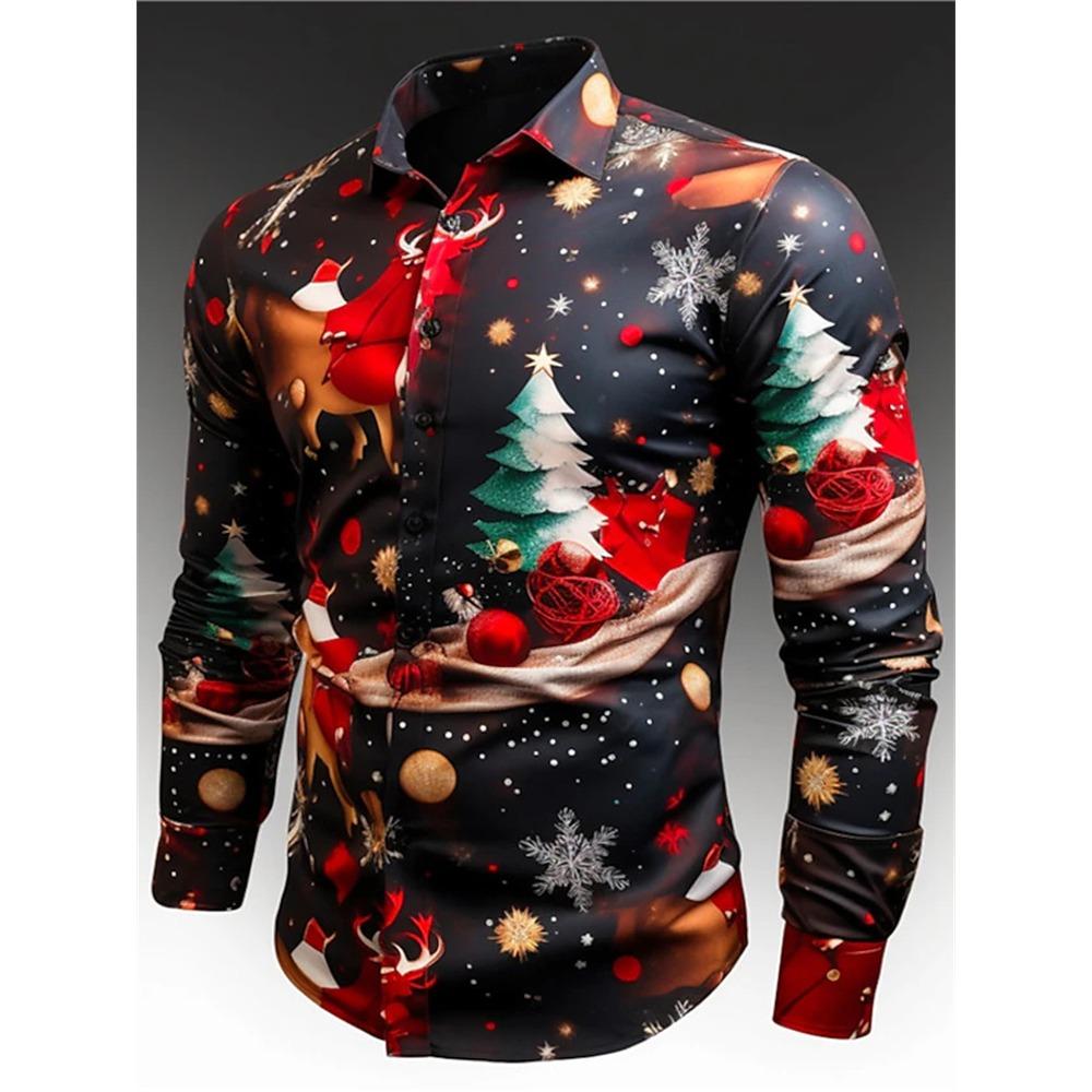 Gift Christmas Tree Print Men's Long Sleeve Shirt Urban Street Men's Fashion Christmas Shirt Autumn And Winter Casual Mens Shirt