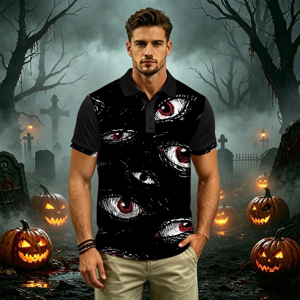 Men's Halloween Short Sleeve Casual Shirt with Turn Down Collar
