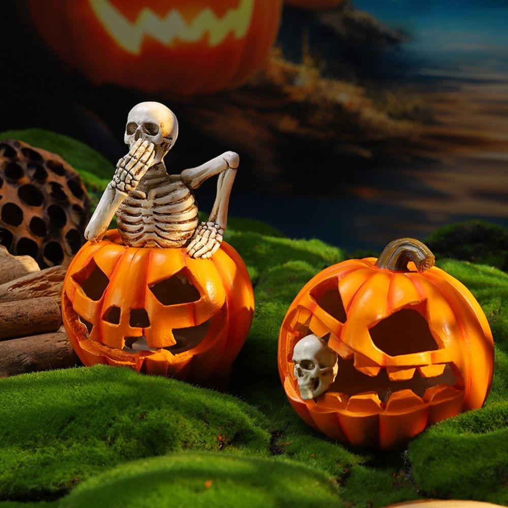 Glowing Design Ghost Festival Decoration Resin Craft LED Pumpkin Skull Light  Halloween Party