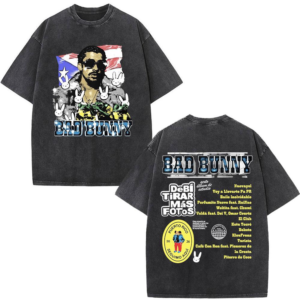 Rapper Bad Bunny Album Cover Washed Vintage T-shirt Debi Tirar Mas Fotos DTMF T Shirts Men Fashion Hip Hop Short Sleeve T-shirts