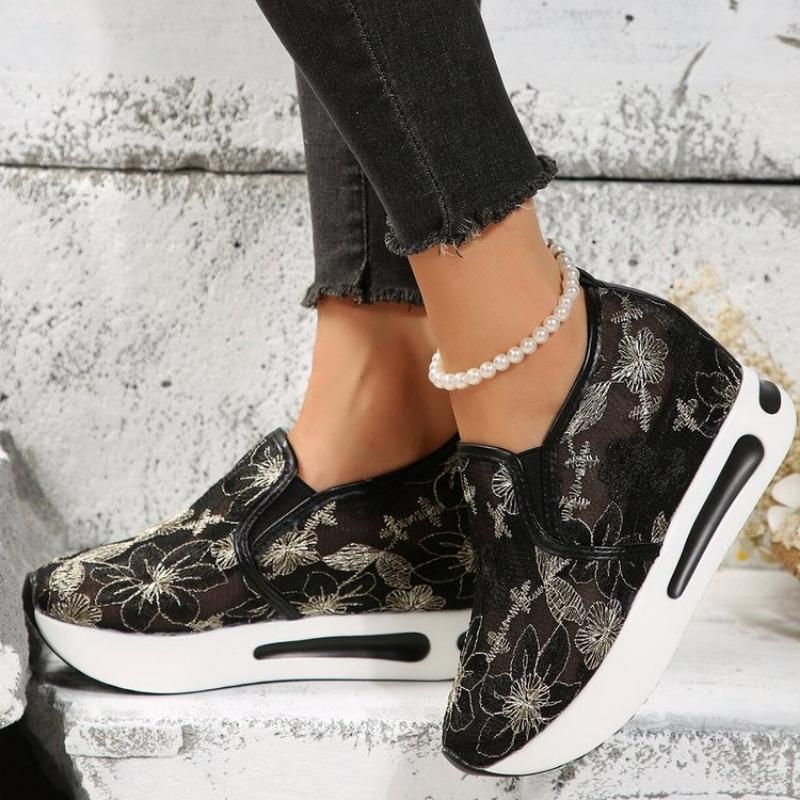 Fashion Women Sneakers Floral Embroidery Mesh Breathable Sneakers Women Slip On Casual Comfy  Platform Shoes Woman Zapatos De Mujer