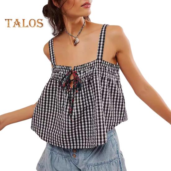 Sexy Weste für Damen, kariertes Sling-Top mit Schnürdetail, lockere Passform, kurze Tanktops, verstellbare Brustdekoration
