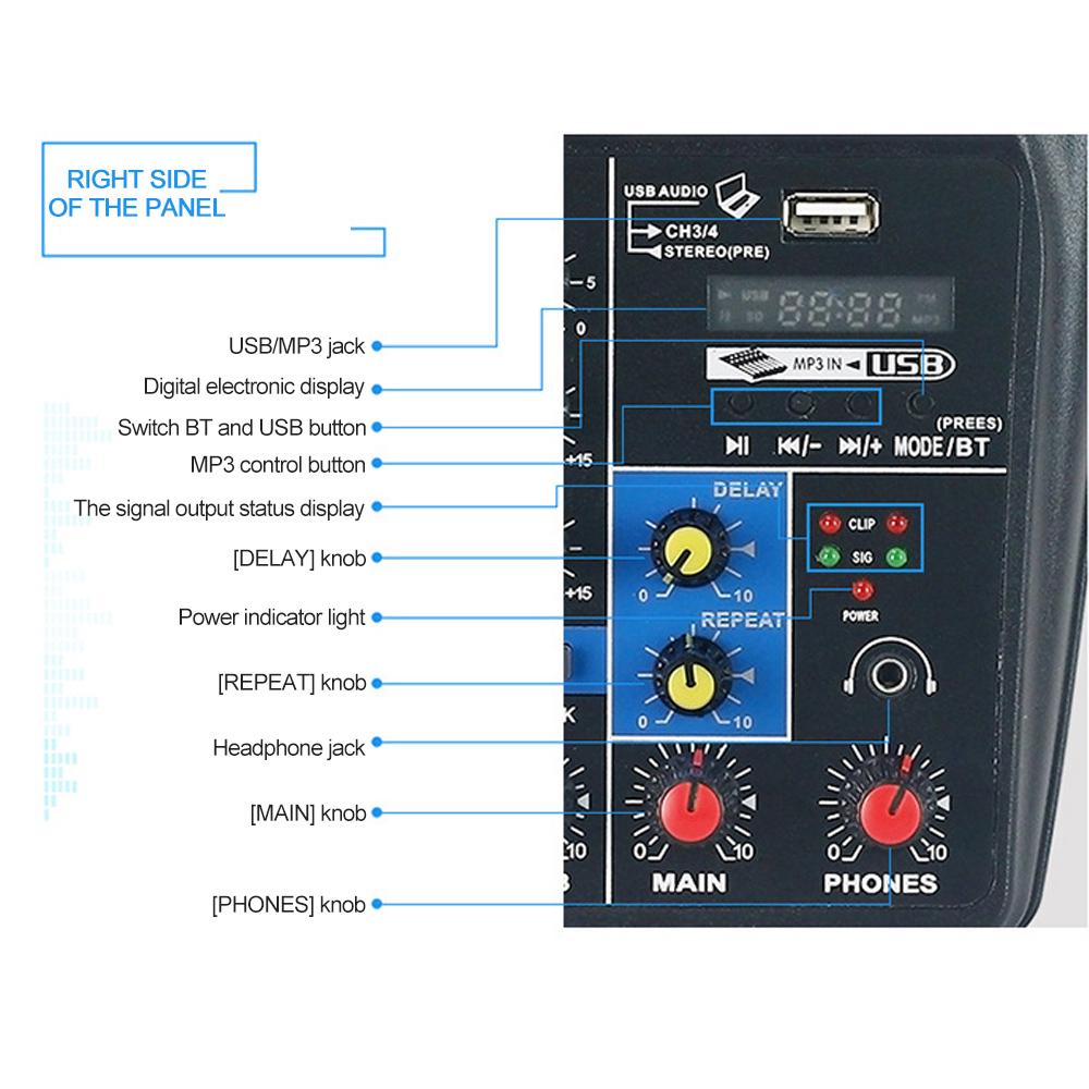 Přenosný 4kanálový BT zvukový mixážní pult Digitální zvukový mixážní pult Vestavěné efekty Reverb pro