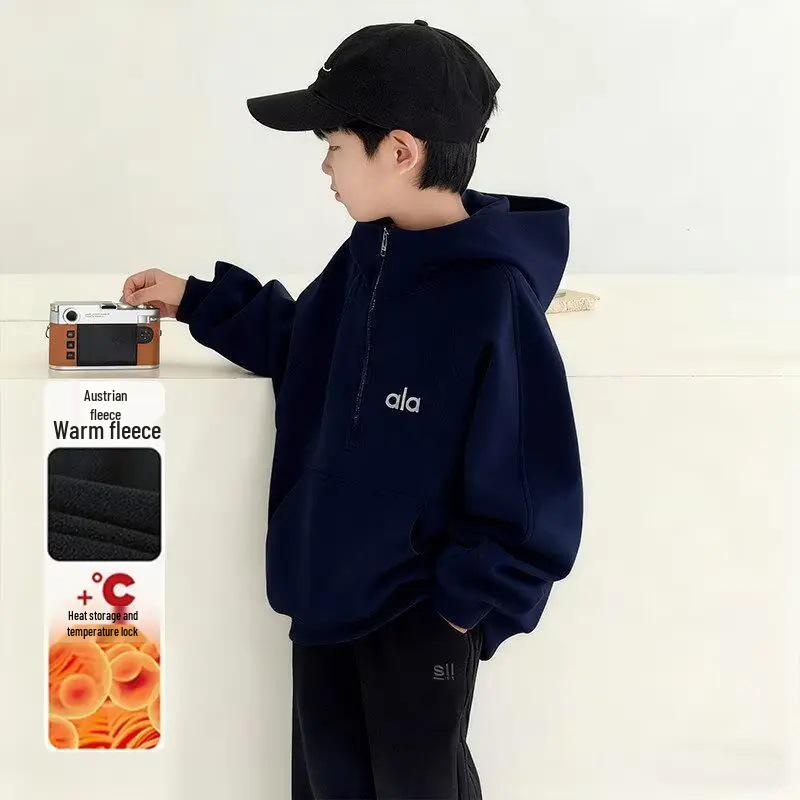 Boys' Velvet-Lined Hooded Sweatshirt - 2026 Trendy Winter Fleece for Big Kids