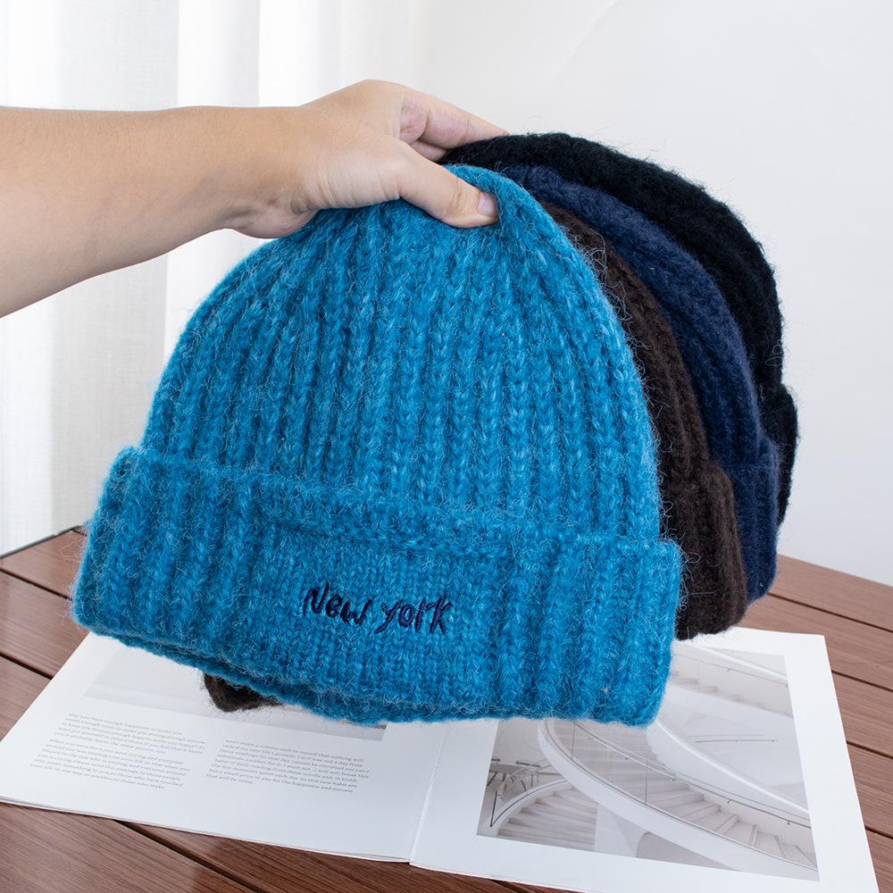 Simple letter blue knitted wool hat women's winter new warm ear protection hat bag head cold hat