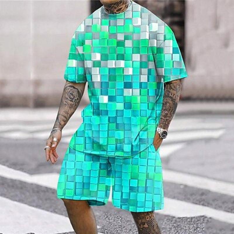 Plus Size Men's Contrast Color Summer Set, Short-sleeve T Shirt Shorts Set For Business, Fashion Casual Men Clothing