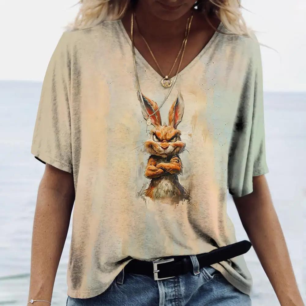 Ladies' V-neck T-shirt 3D Printed Animated Bunny Trendy Printed Short Sleeved T-shirt