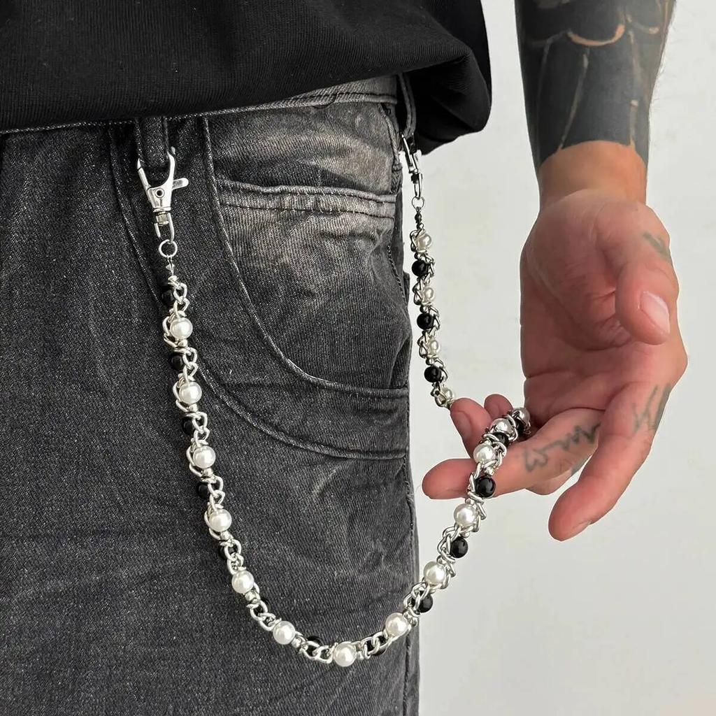 Ingemark Hip-Hop Imitation Perlen Hosen Jeans Schlüsselanhänger Ring Clip Herren Trendig Kreativ Metall Handgefertigt Perlen Taille Kette Schmuck