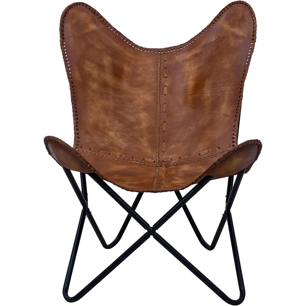 Brązowe Krzesło Skórzane Vintage z Podłokietnikami Składane/Antyczne Skórzane Krzesło Motylkowe Dekoracja Domu/Ręcznie Robione Krzesło (ze składaną podstawką) - Krzesła kempingowo-turystyczne
