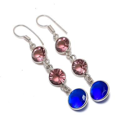 Natural London Blue Topaz, Amethyst 925 Sterling Silver Earring 2.25" W2k40