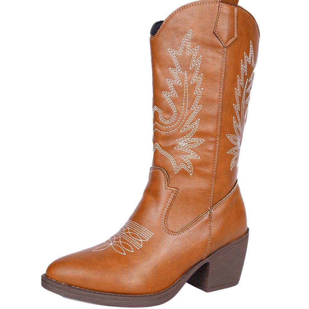 Direct supply of V-mouth western cowboy boots women's middle heel pointed knight boots large size leather boots