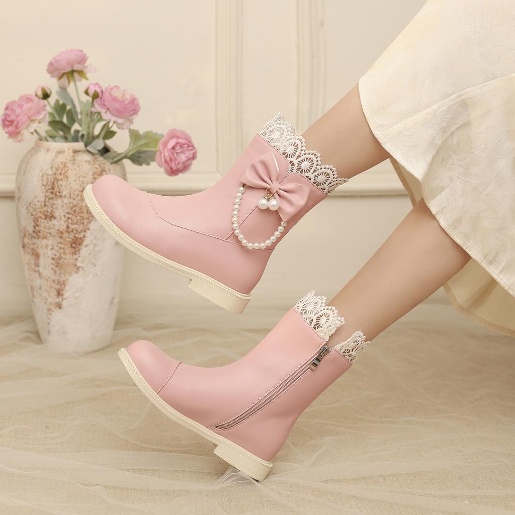 Herbst und Winter Mädchen Martin Boots J Schleife Perlen Prinzessin Schuhe Mittlere und Ältere Kinder Schuhe Schüler Schuhe Kinder Hanfu Schuhe
