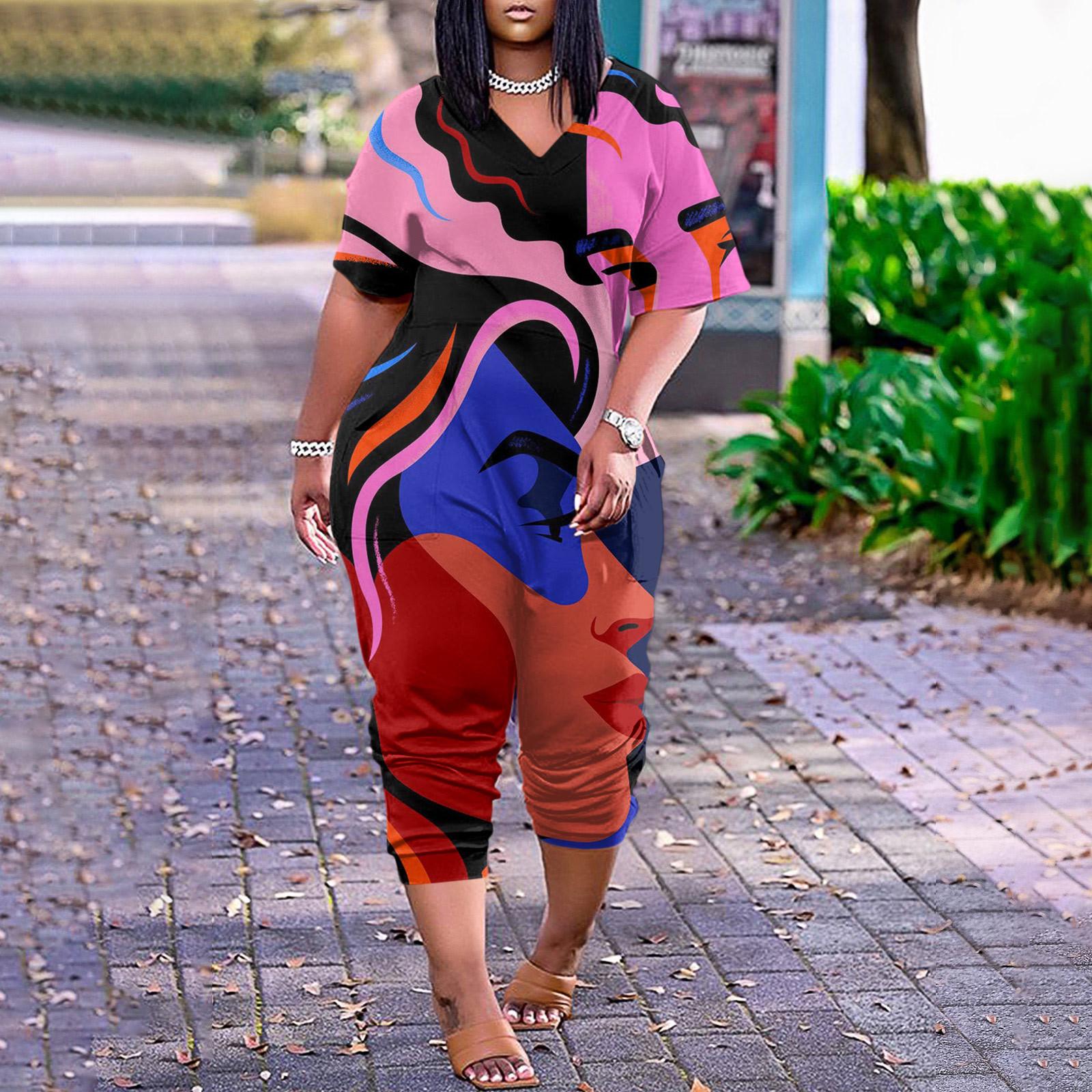 

Women s Casual Large Size Printed Short Sleeve V-neck Five-point Jumpsuit Belt Pocket XL рожевий