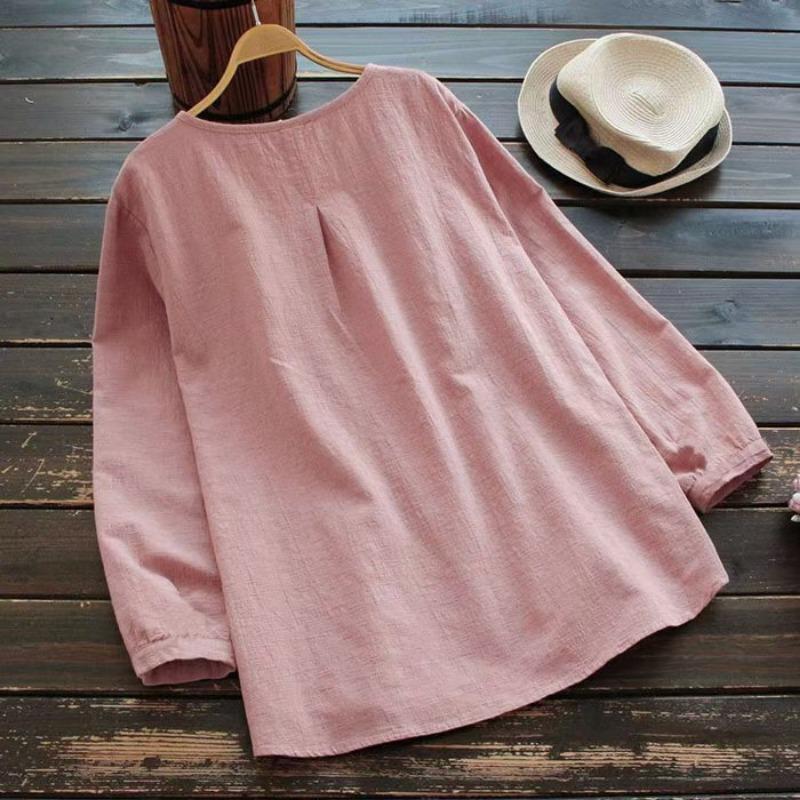 Loose Cotton Linen Long Sleeve Pleated Round Neck Plus Size Women S Shirt