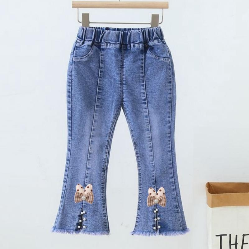 Spring and Autumn New Girls Denim Trousers Elastic Printed Denim Trendy Children's Trousers Single Trousers