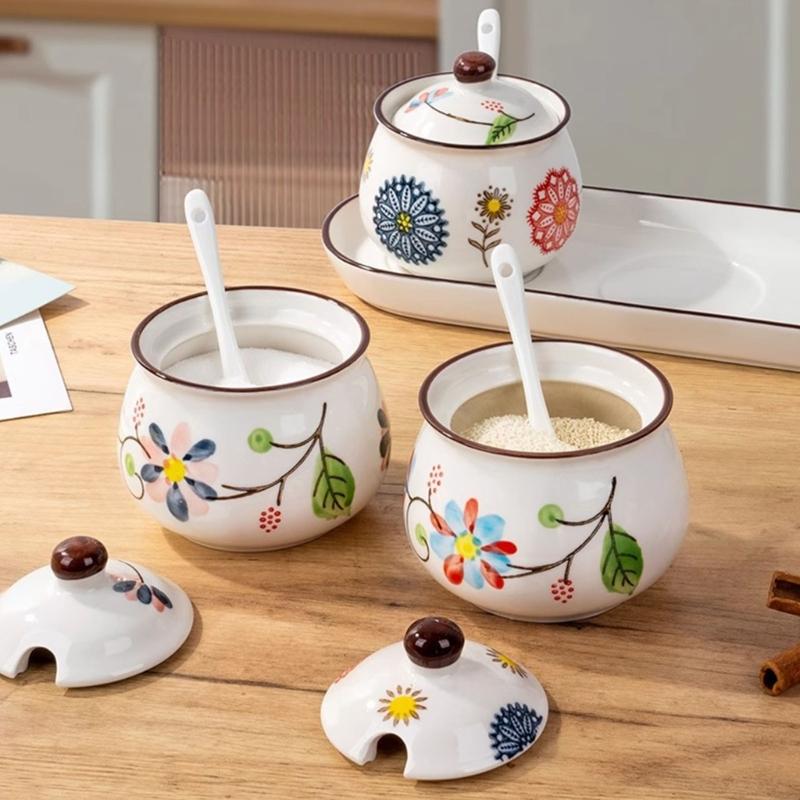 4 Piece Ceramic Spices Container Set Includes Decorative Tray Durable Kitchens Organizers for Spices Condiments