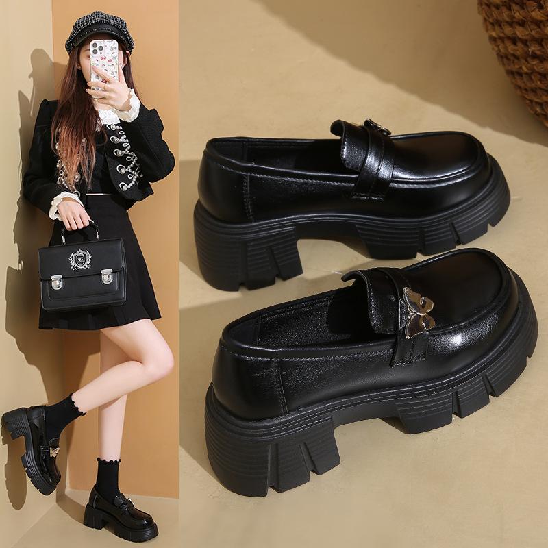 French platform British style small leather shoes for women 2025 autumn new black one-pedal butterfly single shoes loafers for women