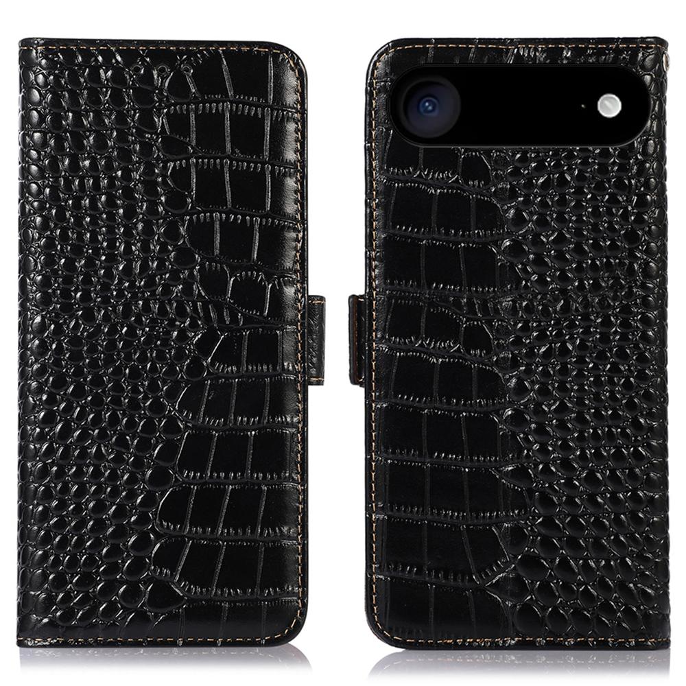 

For iPhone 17 Air Case Crocodile Texture Genuine Cow Leather Phone Wallet Cover Black