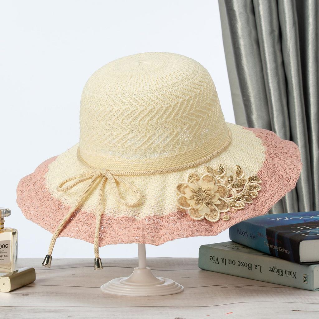 Foldable Women's Summer Hat, Beach Hat, Outdoor Grass Hat for Beach Travel, Sun Shading and Sun Protection, Bow Shaped Sun Hat