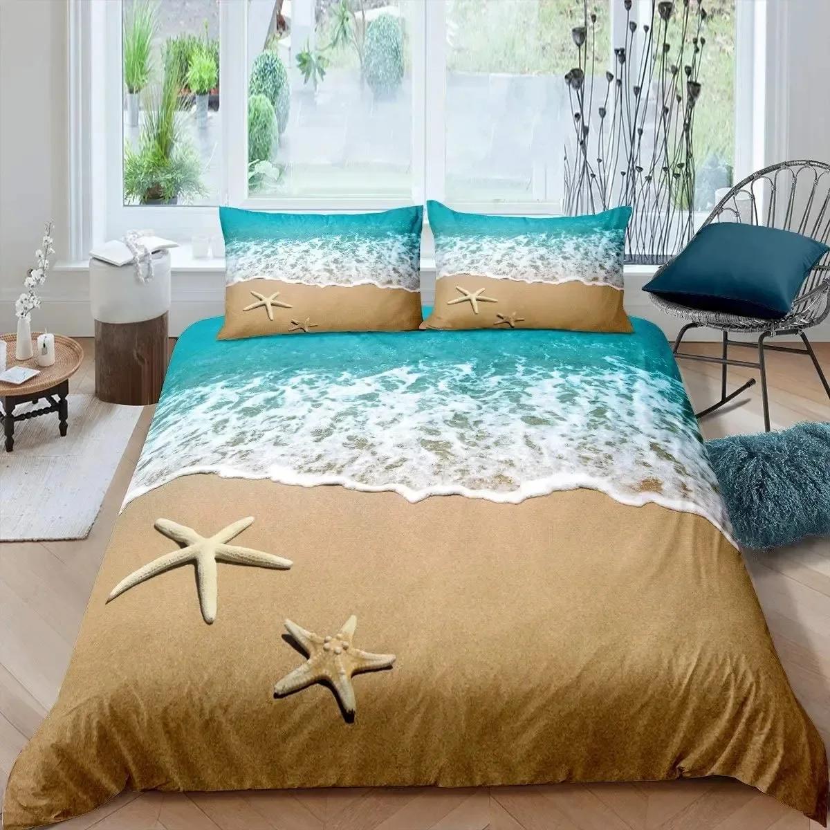 

Luxury New 3D Print Beach Starfish Duvet Cover Set Queen Blue Cute Ocean Creatures Bedding Set Sea Shells Starfish Cover 70x133cm