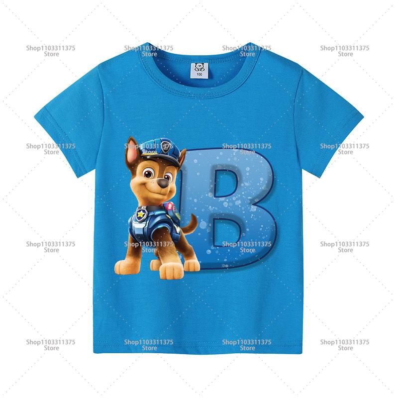 Cute PAW Patrol Blue T-shirt Boys Clothes Letter A-Z Printed Short Sleeve Cartoon Fashion Kids Birthday Toddler Cotton Tops Gift