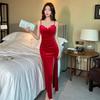 Gold Velvet Rhinestone Evening Gown for Women with Waist-Cinching Slim Fit and Split Strap Design