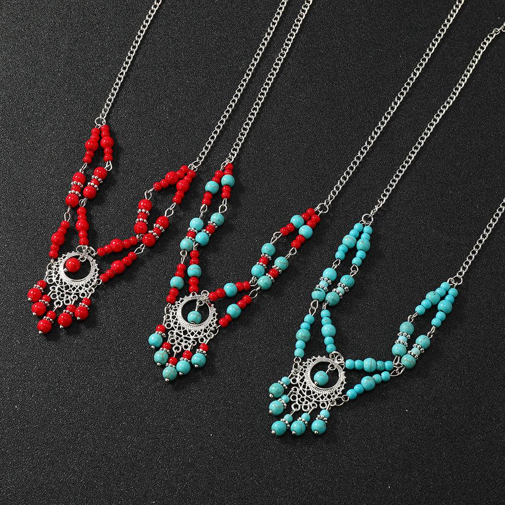 Bohemian Ancient Hanfu Travel Photography Turquoise Red Bead Headband Headgear Accessories, Exotic Hair Chain
