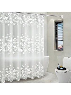 1Pc Peva Type Bathroom Shower Curtain Liner, White Plastic Flower Pattern Bathroom Shower Curtain, With Plastic Hooks And Metal