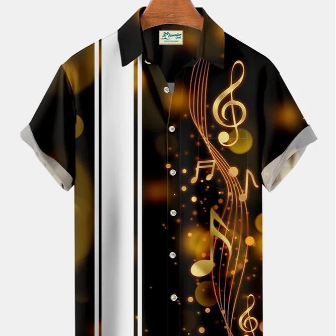 Men's Casual Shirt 3D Music Note Printed Hawaiian Men's Short Sleeve Lining