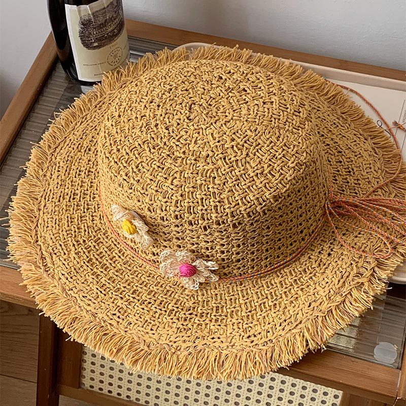 Idyllic Flower Flat Top Straw Hat Female Summer Seaside Beach Vacation Sun Hat Large Brim Shading Sun Protection Hat