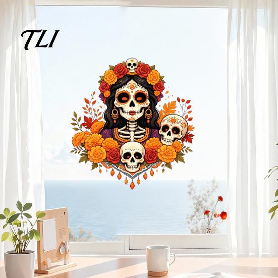 Customizable Cut to Size Stickers Day of The Dead Window Clings, Dia De Los Muertos Sticker, Colorful Halloween Decorative Glass Film Sugar Skull with