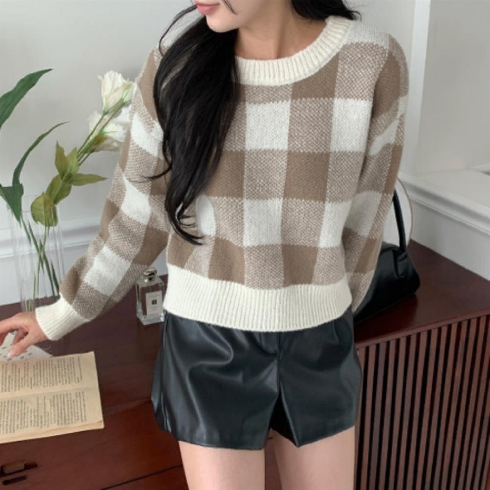 New ArrivalS Open Run Women CaSual Color Block Check Semi Crop Round Neck Long S