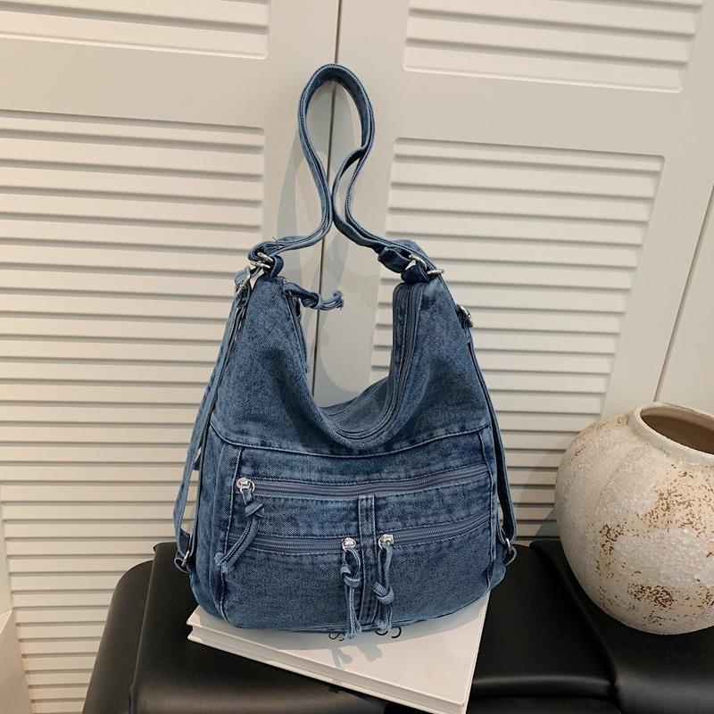Hongkong-Stil Retro-Denim-Tasche Damen Neu Trendig Vielseitig Große Kapazität Rucksack Pendler Schulter-Tragetasche