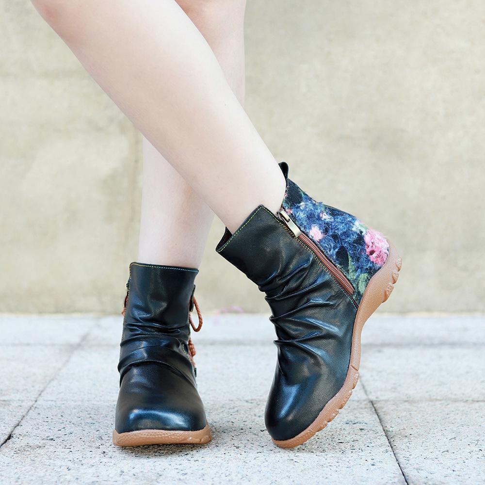 Ethnic Style Genuine Leather Printed Women's Shoes Retro Round Toe Thick Heel Soft Sole Pumps