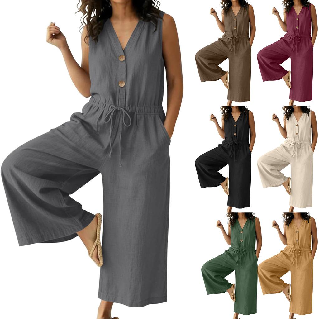 Women Button Down Sleeveless Rompers Wide Legs Cotton Linen Rompers With Pocket