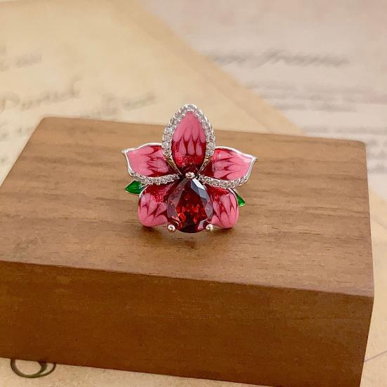 Women Flower Ring Faux Ruby Decor Smooth Polished Index Finger Ring Copper Cocktail Party Prom Commuting Finger Jewelry Holiday Gift