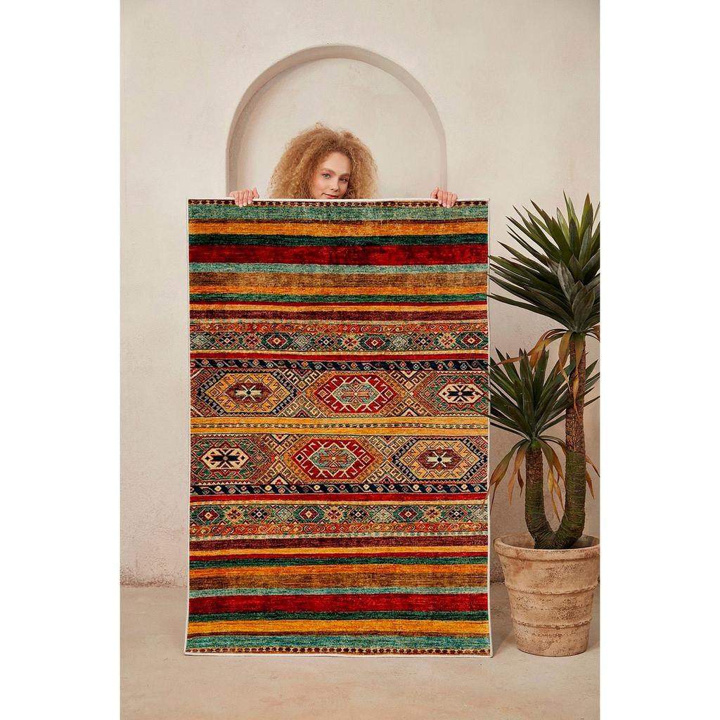 Decorative Non-Slip Base Lined And Ethnic Pattern Living Room Carpet Special Design, Thin, Washable Carpet