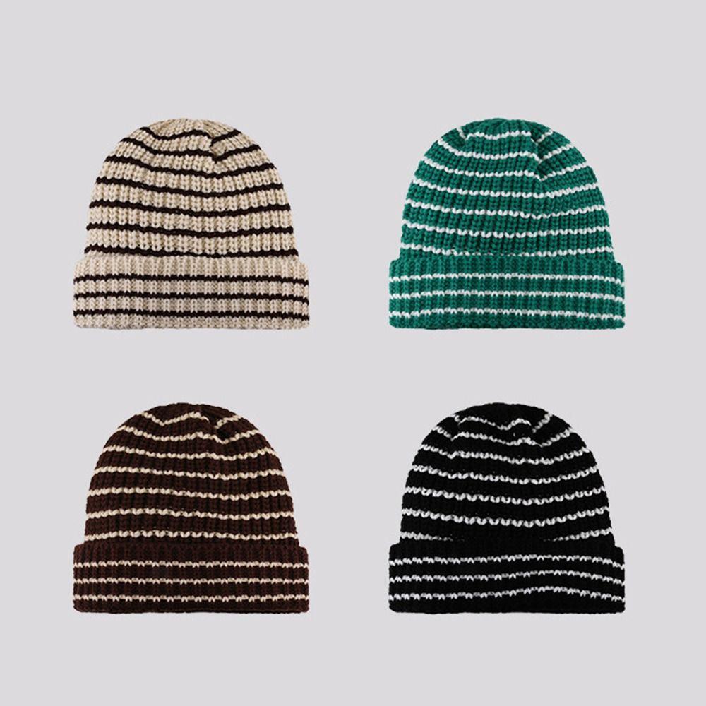 Cuffed Rollup Japanese Beanie Hat Striped Knit Hat Fashion Skull Cap  Unisex