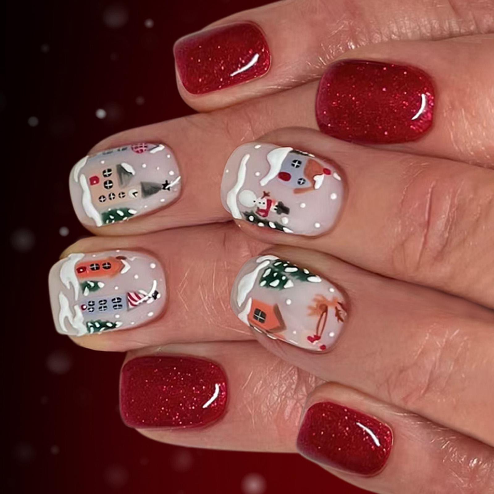 Christmas Press On Nail 24Pcs Snowman Tree Glitters Art Wear Festive ABS Artificial Nail Decorations for Festive Parties 1