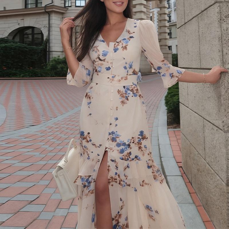 Spring New Models, European and American Foreign Trade Women's Clothing, French Retro Floral Fungus Edge Suspender Dress