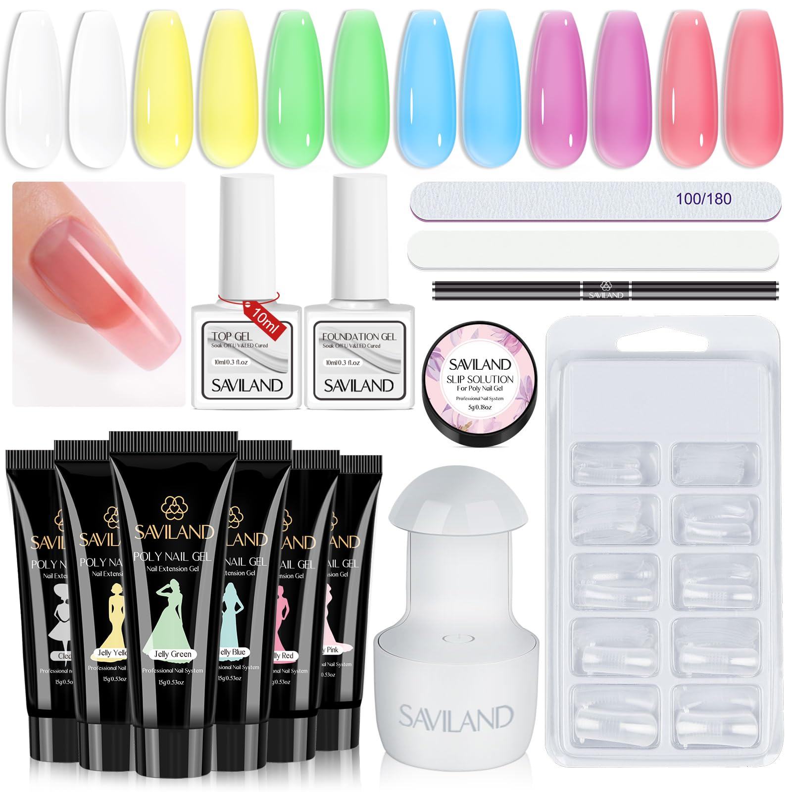 

Saviland Polygel Nail Kit 6pcs Clear Jelly Pink Nude Poly Nail Gel with UV Light Base and Top Gel Slip Nail Tools for Extension Gel Beginner Nail